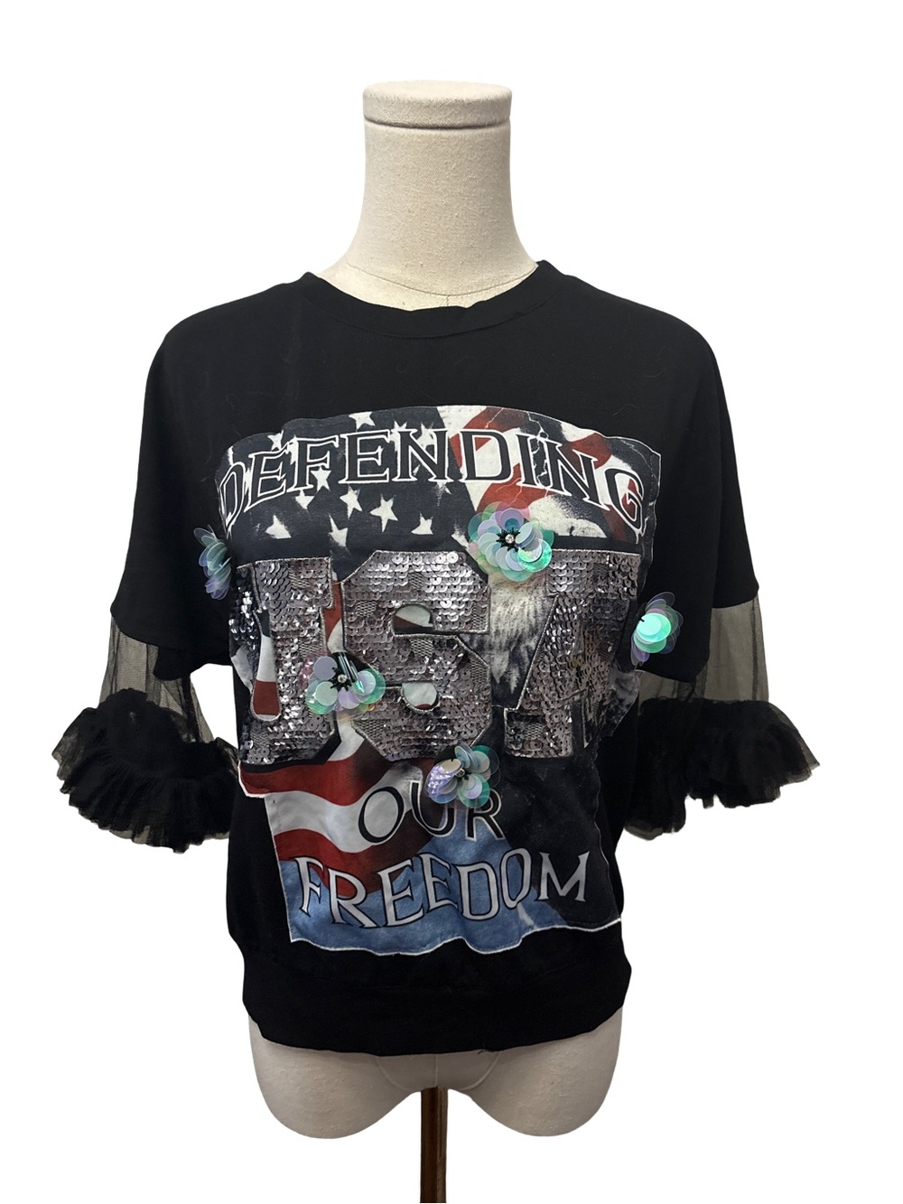 Girls Black 'Defending Our Freedom' Graphic Tee with Ruffle Sleeves